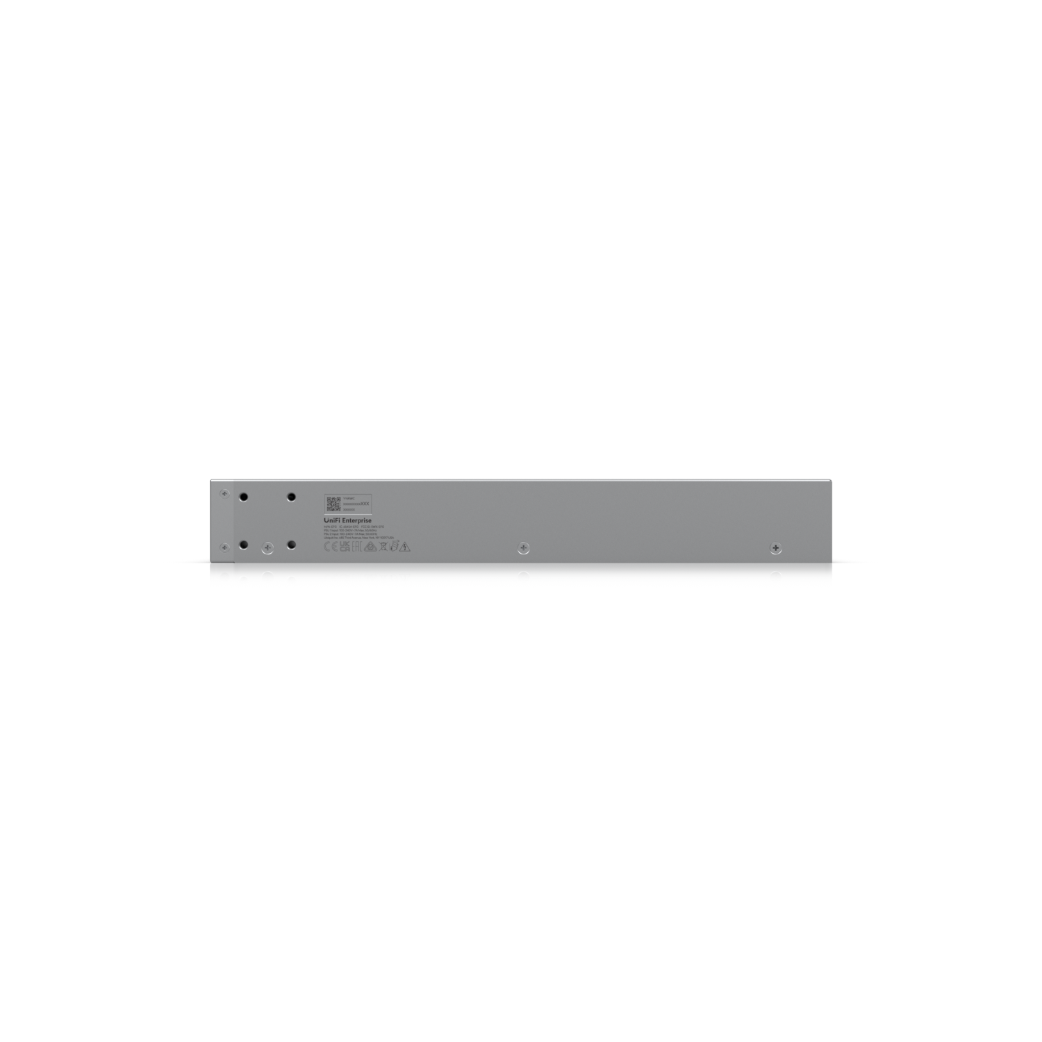 Side profile of the Ubiquiti Enterprise Campus Aggregation Switch with visible product labeling and chassis screw holes.