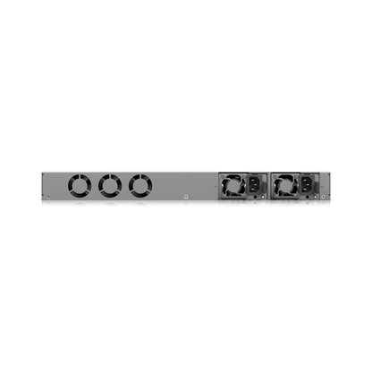 Rear view of the Ubiquiti Enterprise Campus Aggregation Switch showing four large cooling fans and dual power supply units.