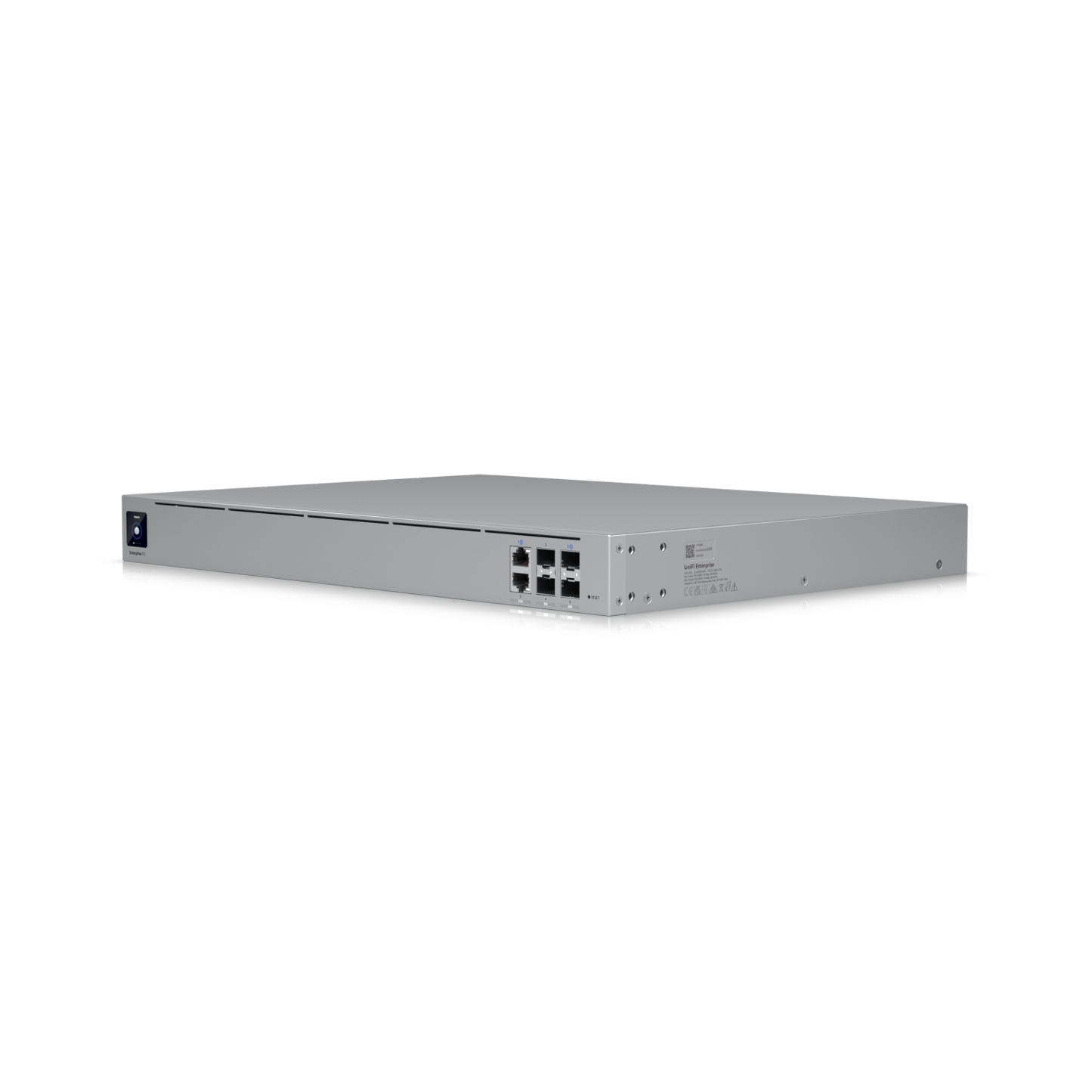 Angled front-side view of the Ubiquiti Enterprise Campus Aggregation Switch highlighting multiple RJ45 and SFP+ uplink ports.
