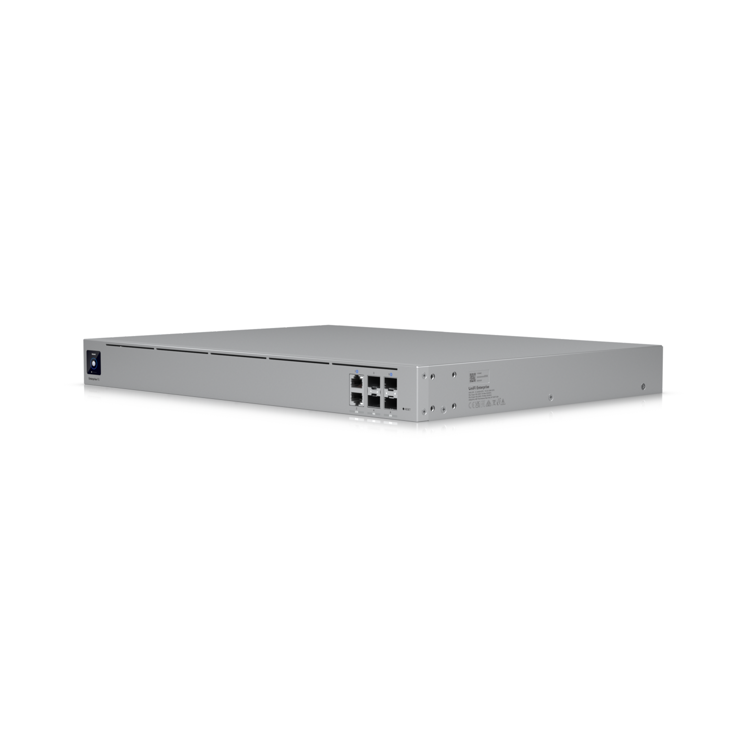 Angled front-side view of the Ubiquiti Enterprise Campus Aggregation Switch highlighting multiple RJ45 and SFP+ uplink ports.