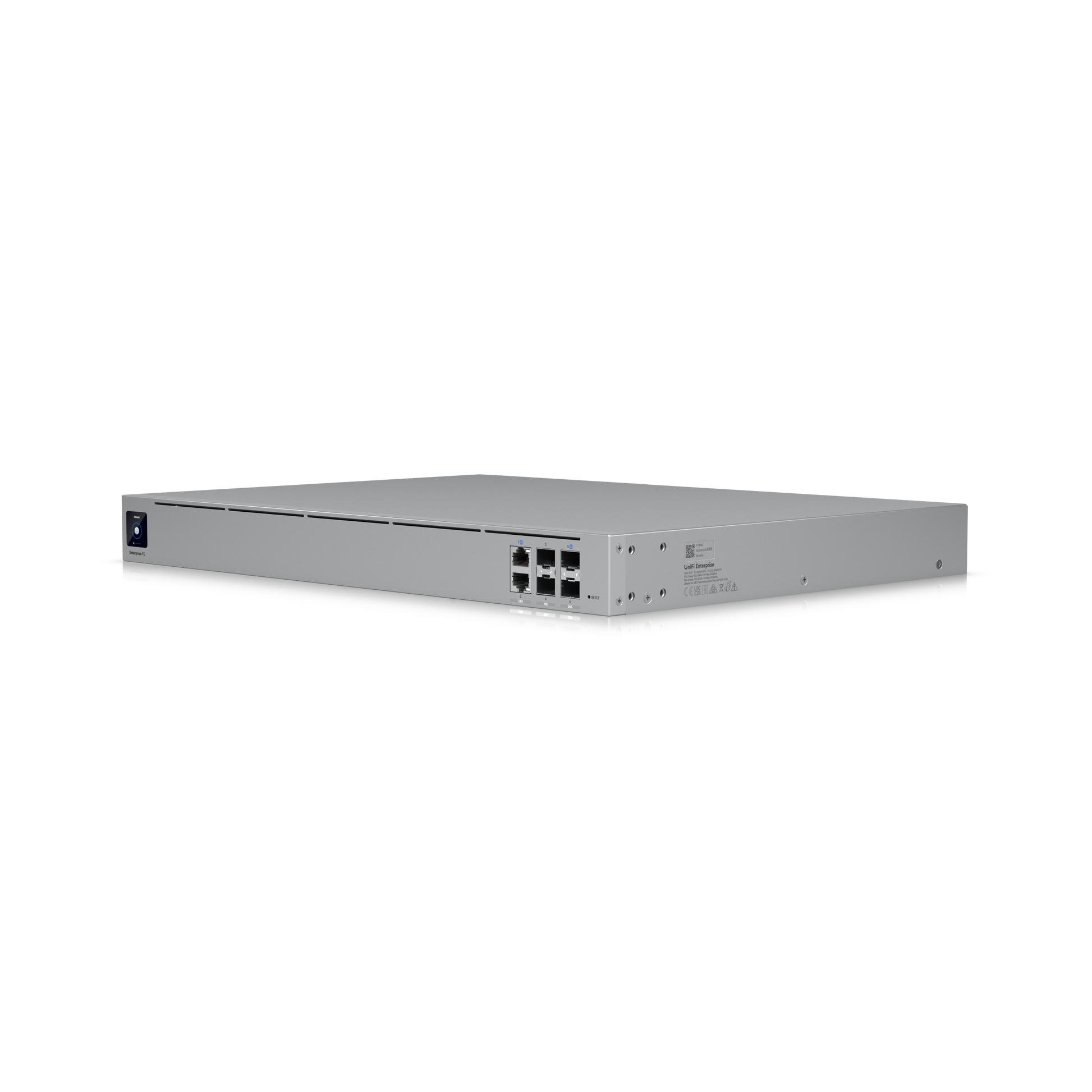  angled view of the Enterprise Fortress Gateway (EFG) highlighting its smooth aluminum surface, ports, and power supply section.