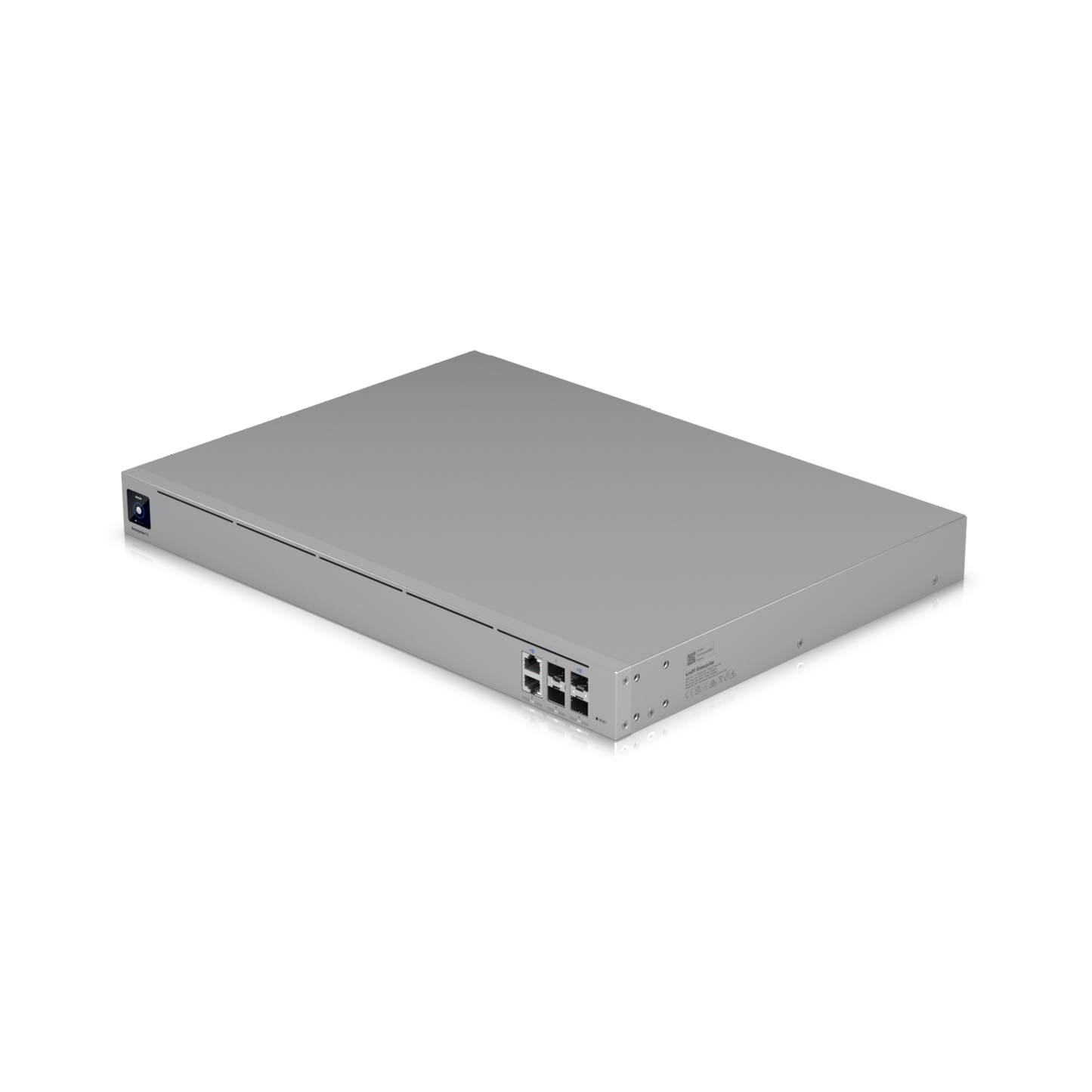 Angled front-side view of the Ubiquiti Enterprise Campus Aggregation Switch highlighting multiple RJ45 and SFP+ uplink ports.