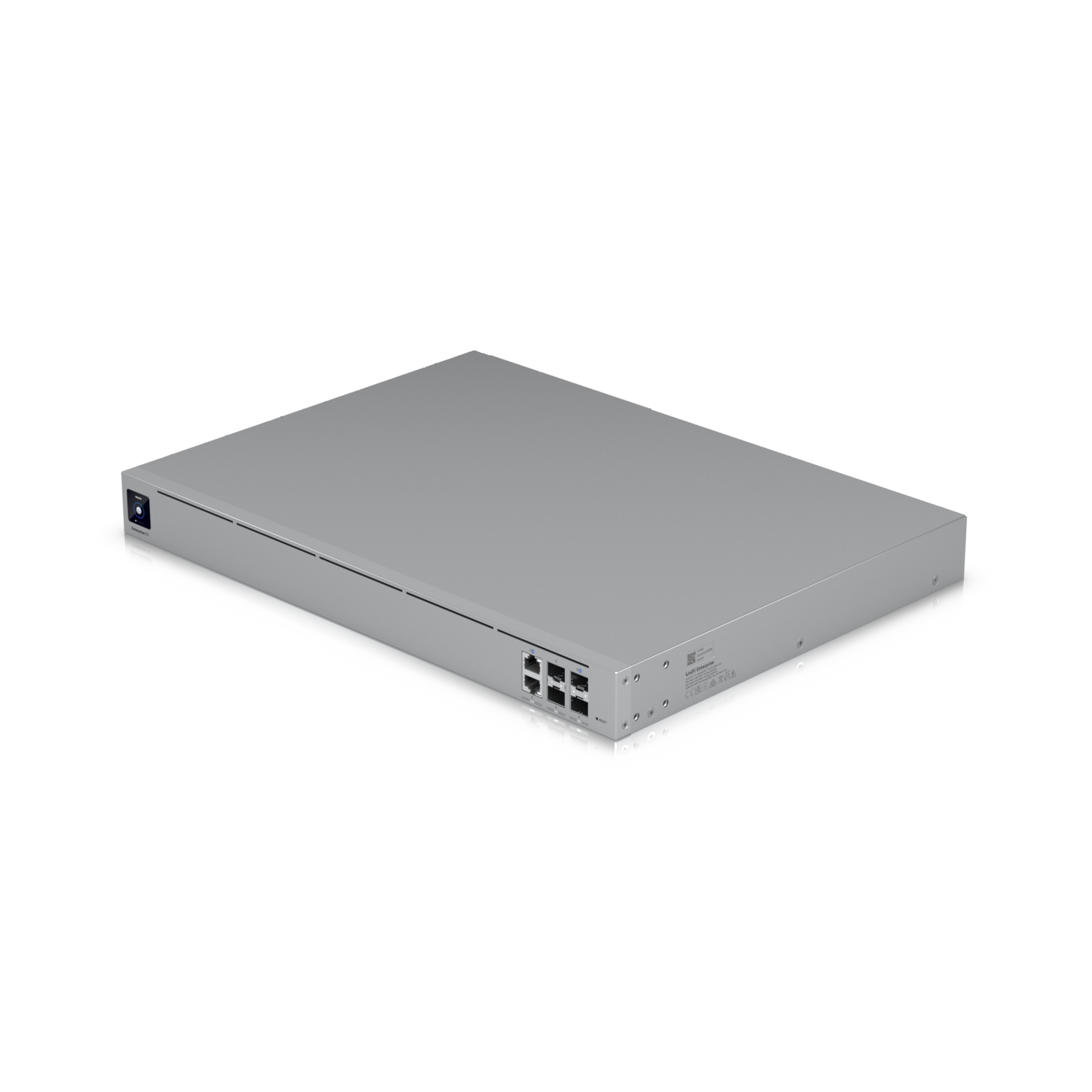 Angled front-side view of the Ubiquiti Enterprise Campus Aggregation Switch highlighting multiple RJ45 and SFP+ uplink ports.