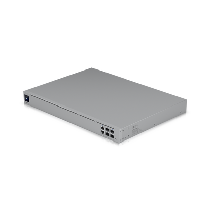 Angled front-side view of the Ubiquiti Enterprise Campus Aggregation Switch highlighting multiple RJ45 and SFP+ uplink ports.