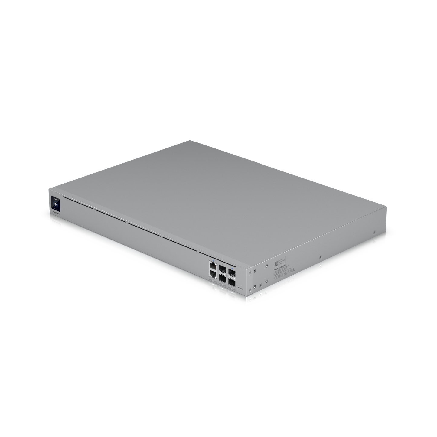 Top angled view of the Enterprise Fortress Gateway (EFG) highlighting its smooth aluminum surface, ports, and power supply section.