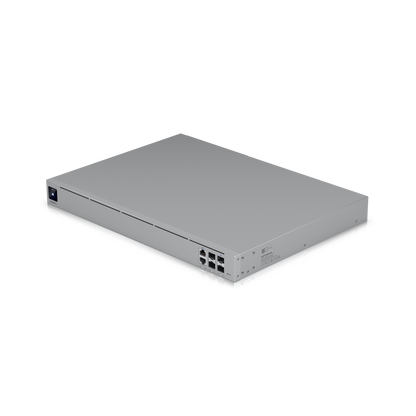 Top angled view of the Enterprise Fortress Gateway (EFG) highlighting its smooth aluminum surface, ports, and power supply section.