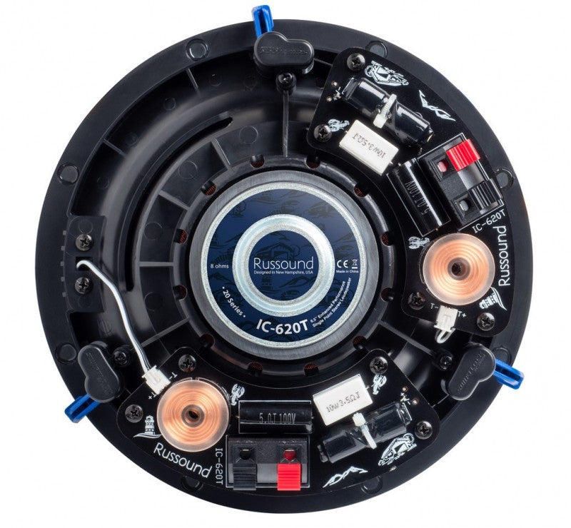 Russound IC-620T stereo in-ceiling speaker showing dual tweeters and polypropylene woofer
