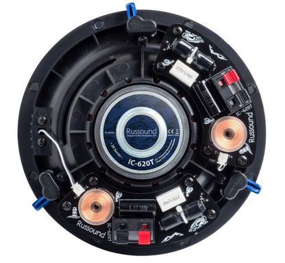 Russound IC-620T stereo in-ceiling speaker showing dual tweeters and polypropylene woofer
