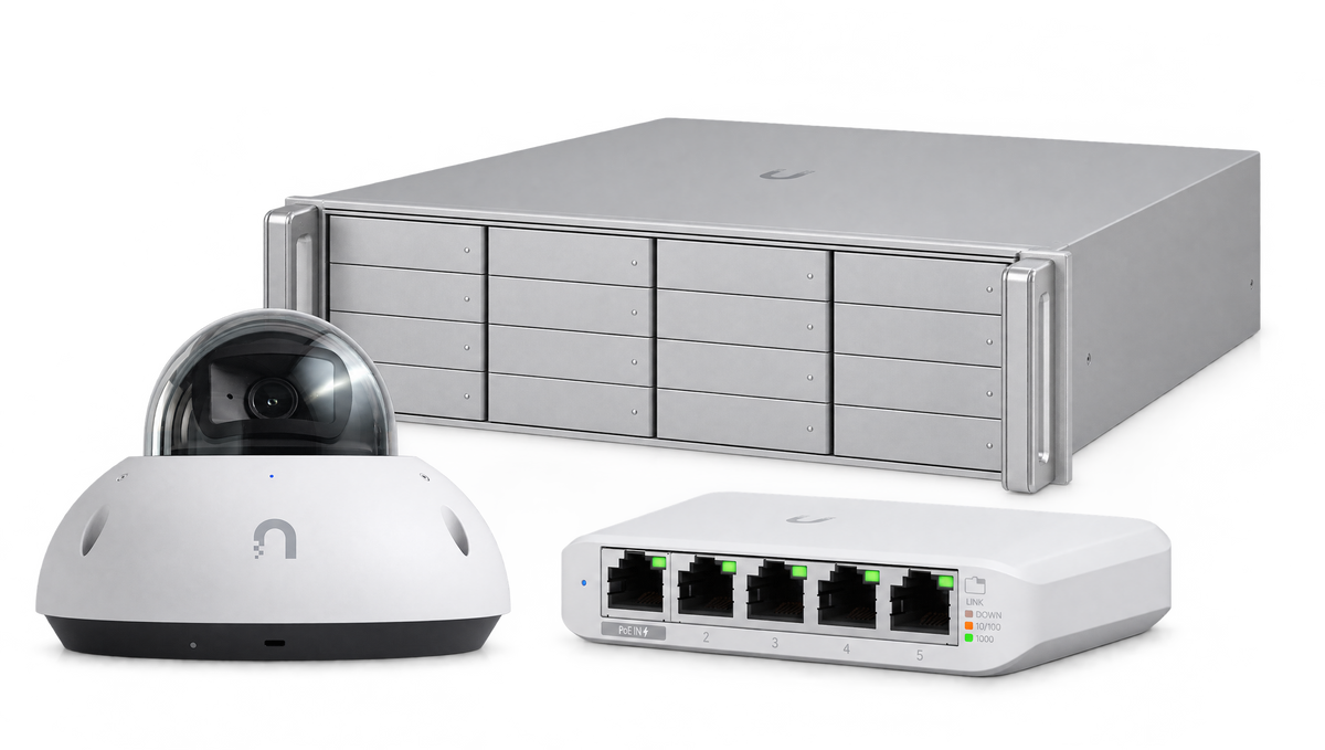 Ubiquiti G6 Dome camera, Enterprise NVR and UniFi Flex Mini switch