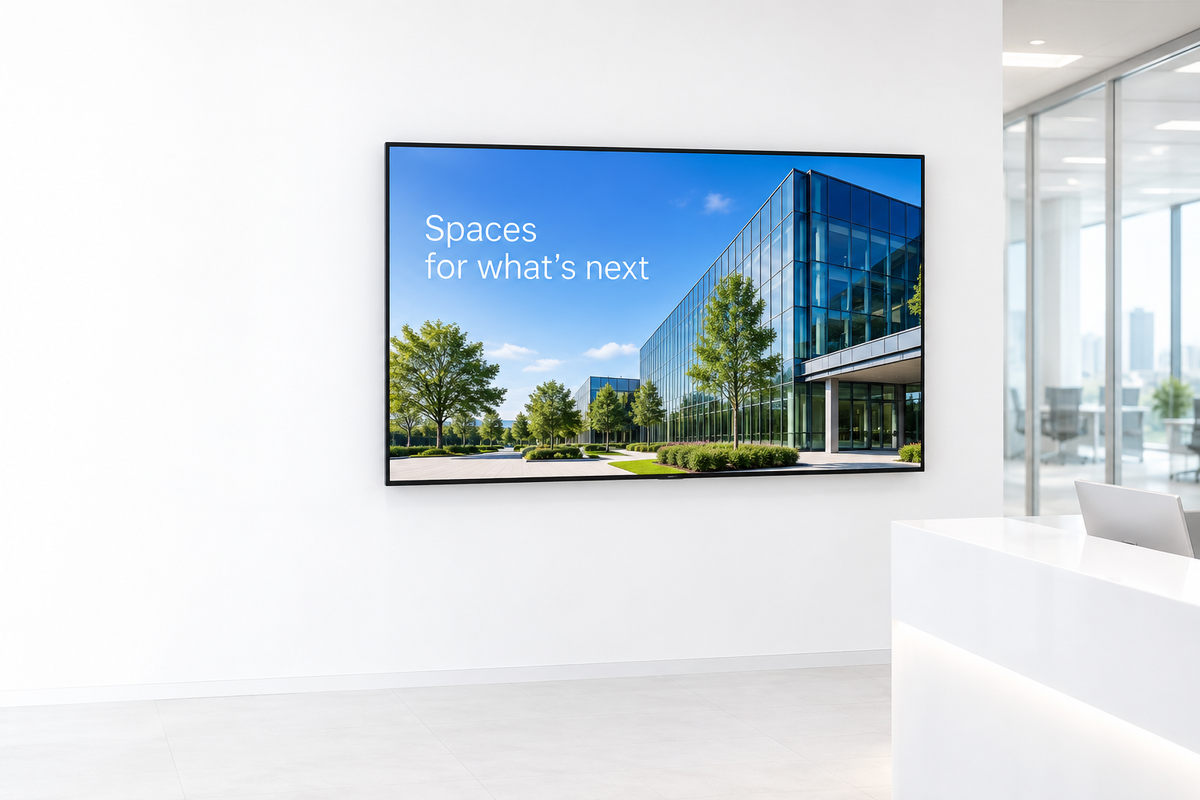 Commercial display showing an architectural presentation in a bright office lobby