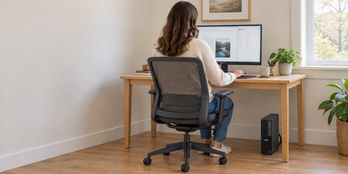 Woman working from home with a Dell Pro Slim desktop on the floor beside her desk