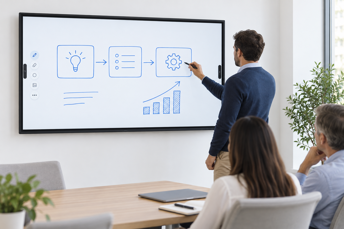 Presenter using a Sharp interactive whiteboard in a bright meeting room with two colleagues