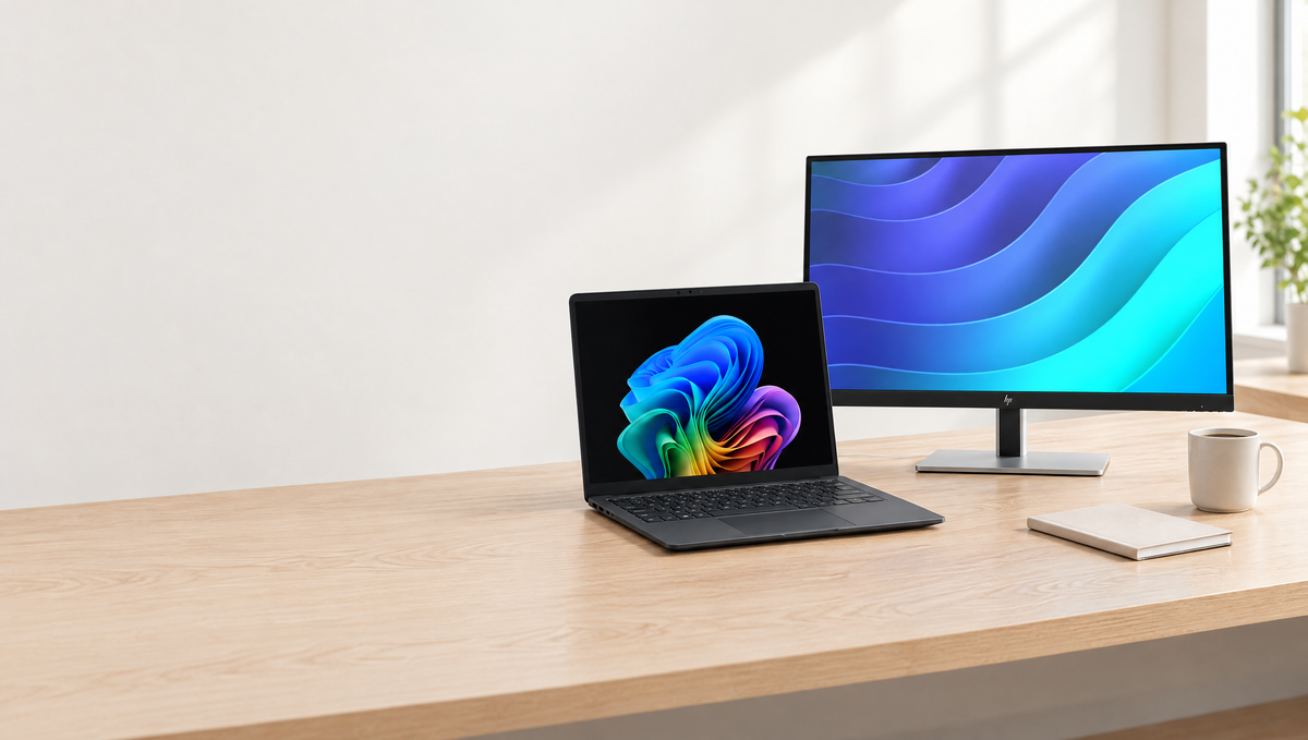 Surface laptop and HP monitor in a bright workspace with a light oak desk