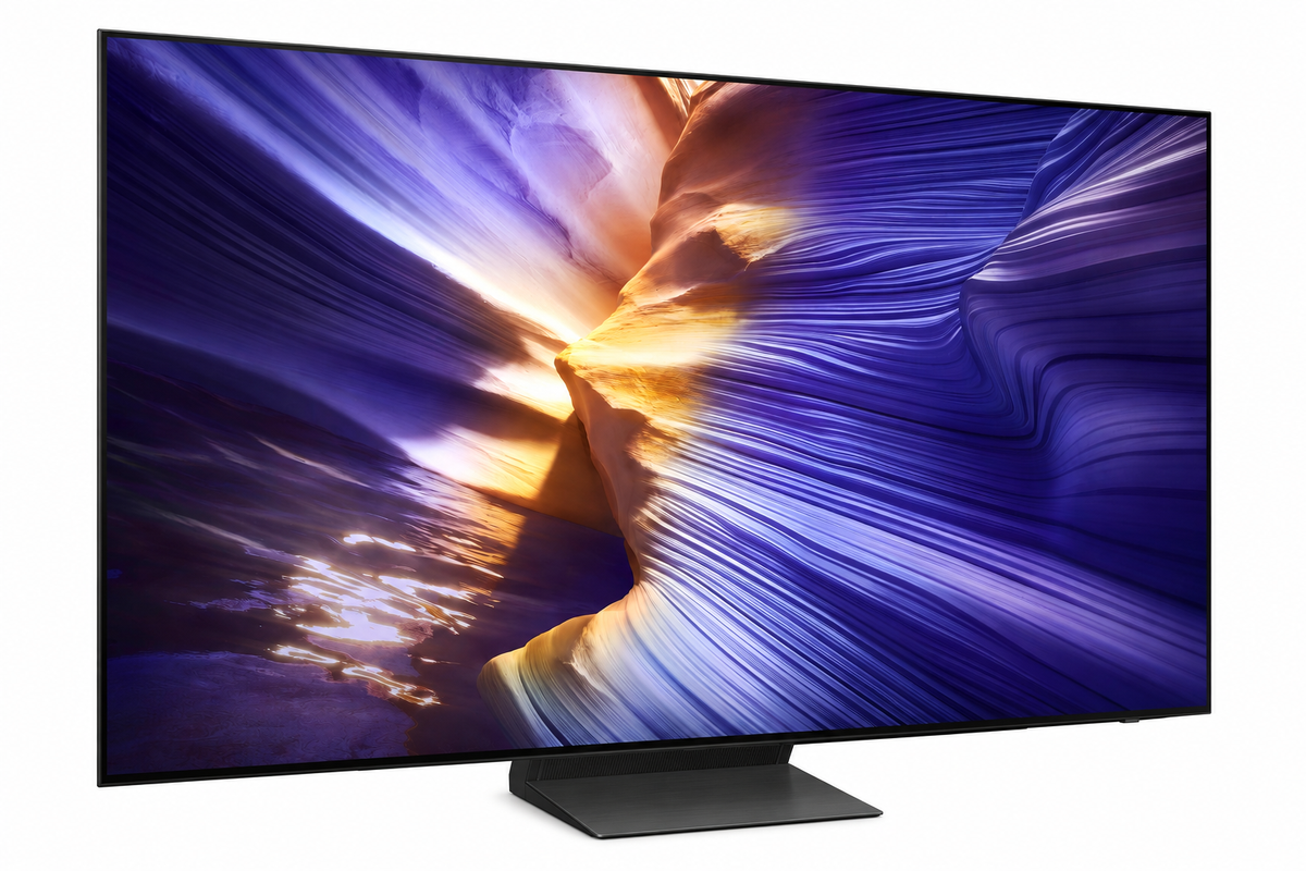 Samsung S90F OLED smart TV on a white background