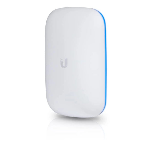Ubiquiti UniFi BeaconHD plugged into wall outlet with sleek white design
