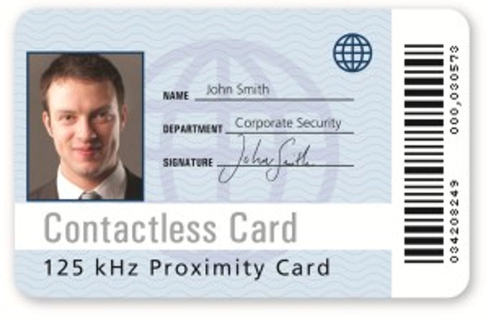 Printable Rosslare proximity card with example person printed