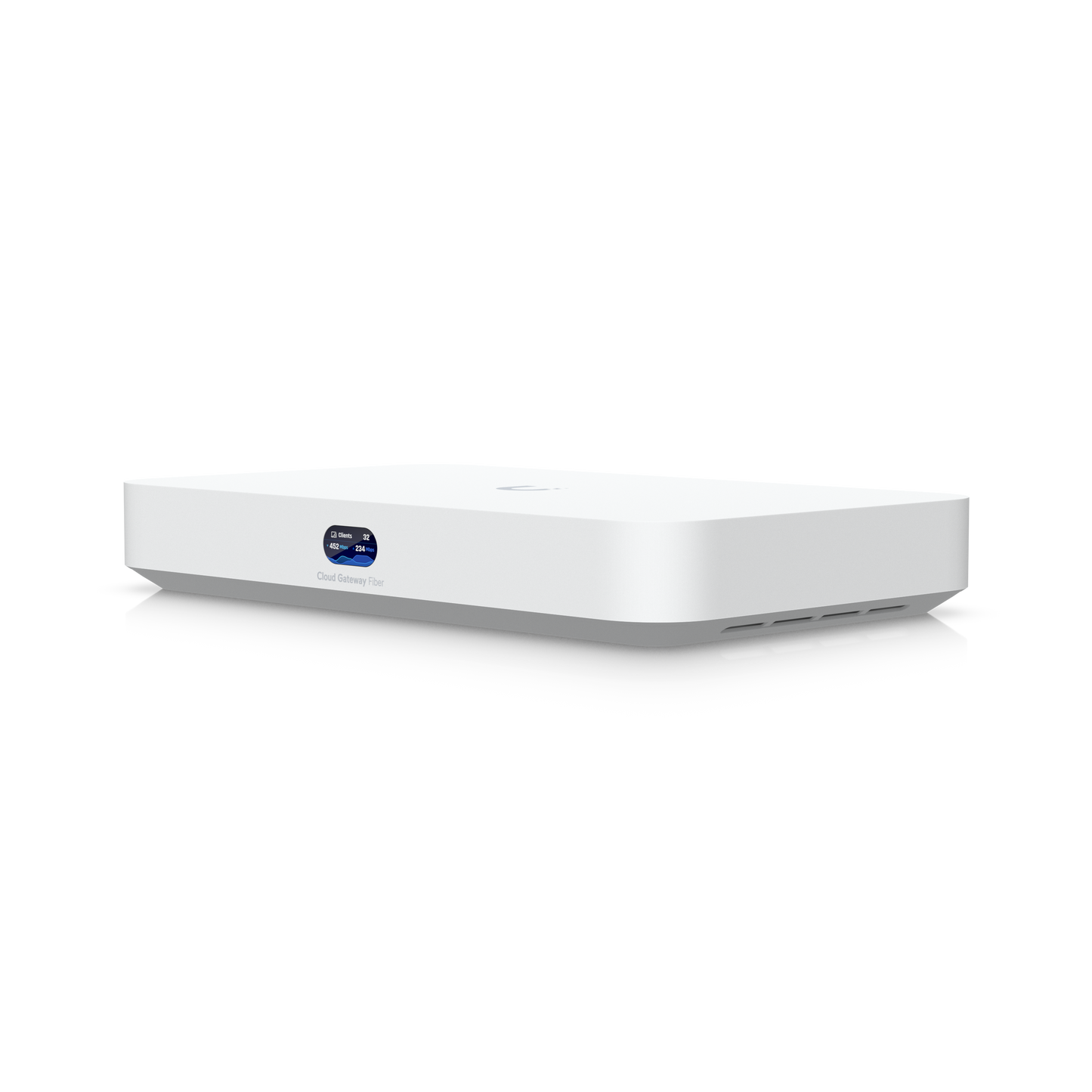 Angled front view of Ubiquiti Cloud Gateway Fiber UCG-Fiber 30W with status display
