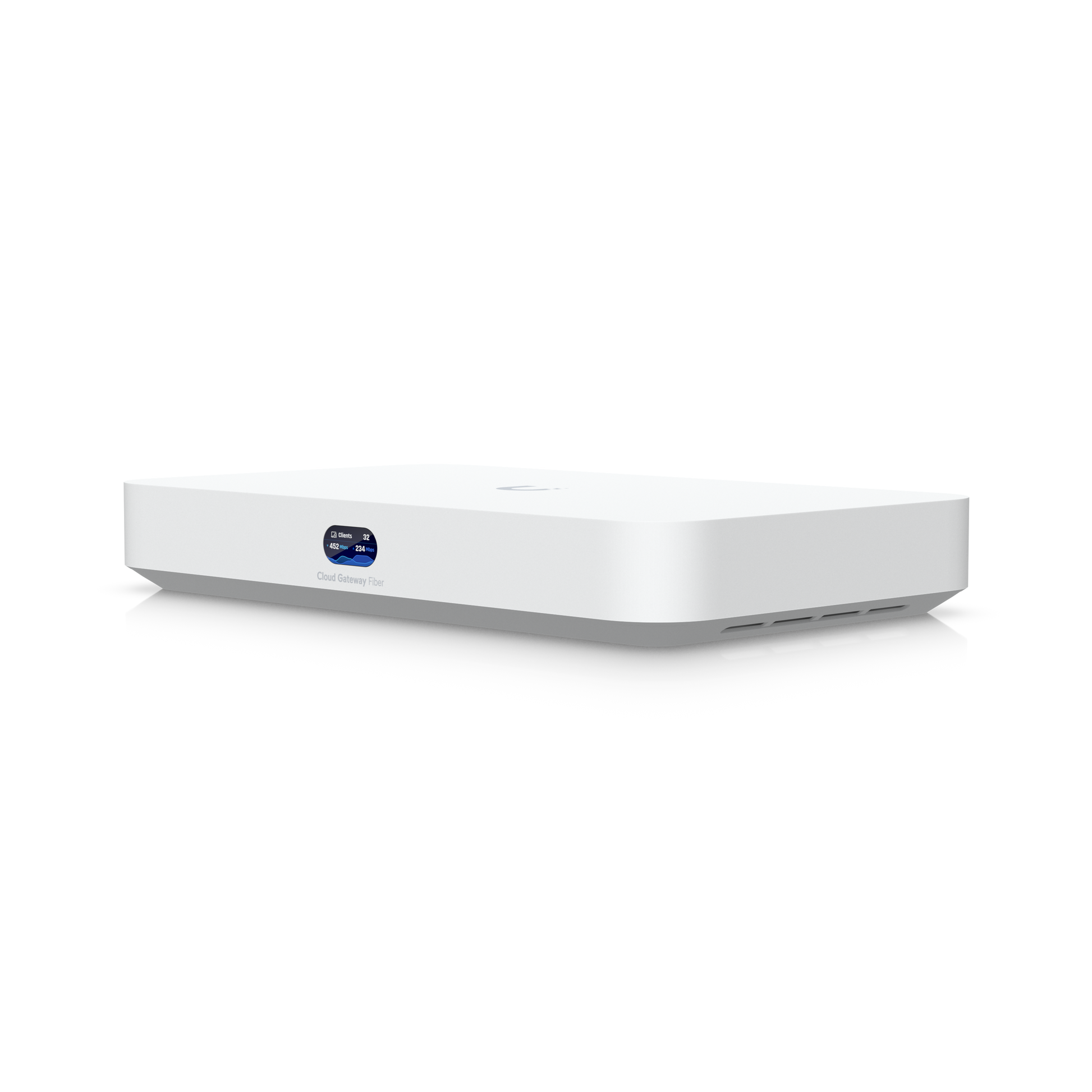 Angled front view of Ubiquiti Cloud Gateway Fiber UCG-Fiber 30W with status display