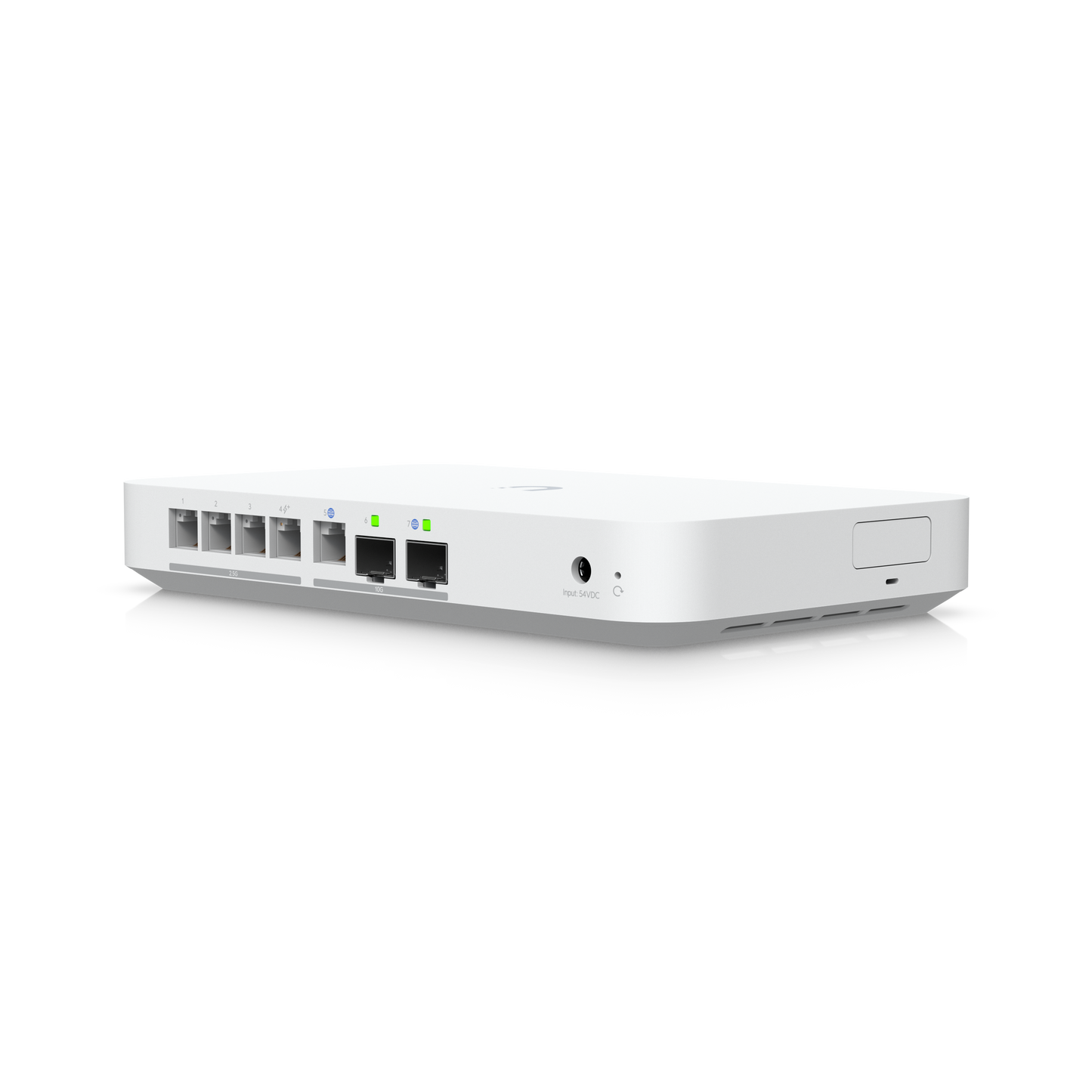 Angled rear view of Ubiquiti Cloud Gateway Fiber showing Ethernet and SFP+ port layout
