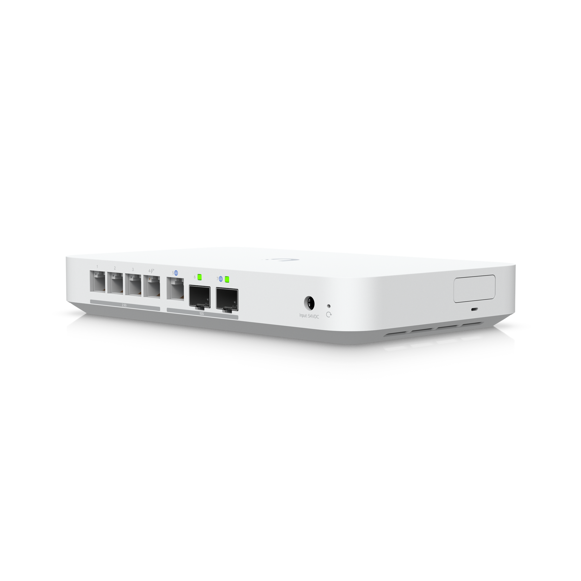 Angled rear view of Ubiquiti Cloud Gateway Fiber showing Ethernet and SFP+ port layout