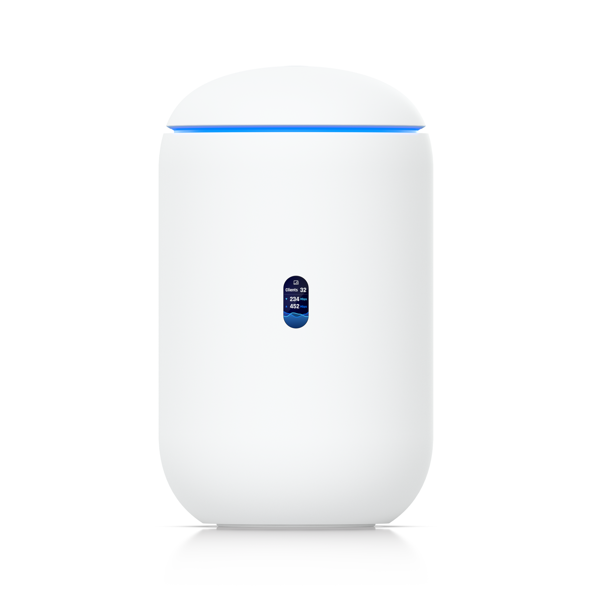 Ubiquiti UniFi Dream Router 7 (UDR7) is a cylindrical white and blue wireless internet router.