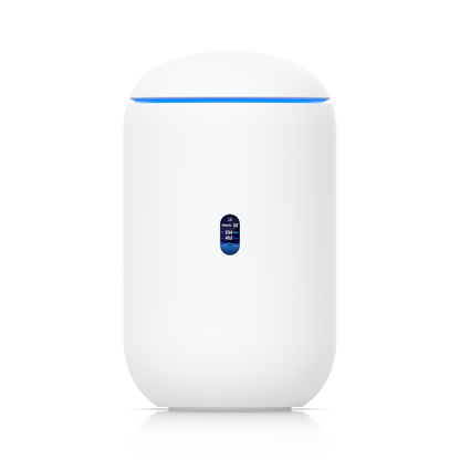 Ubiquiti UniFi Dream Router 7 (UDR7) is a cylindrical white and blue wireless internet router.