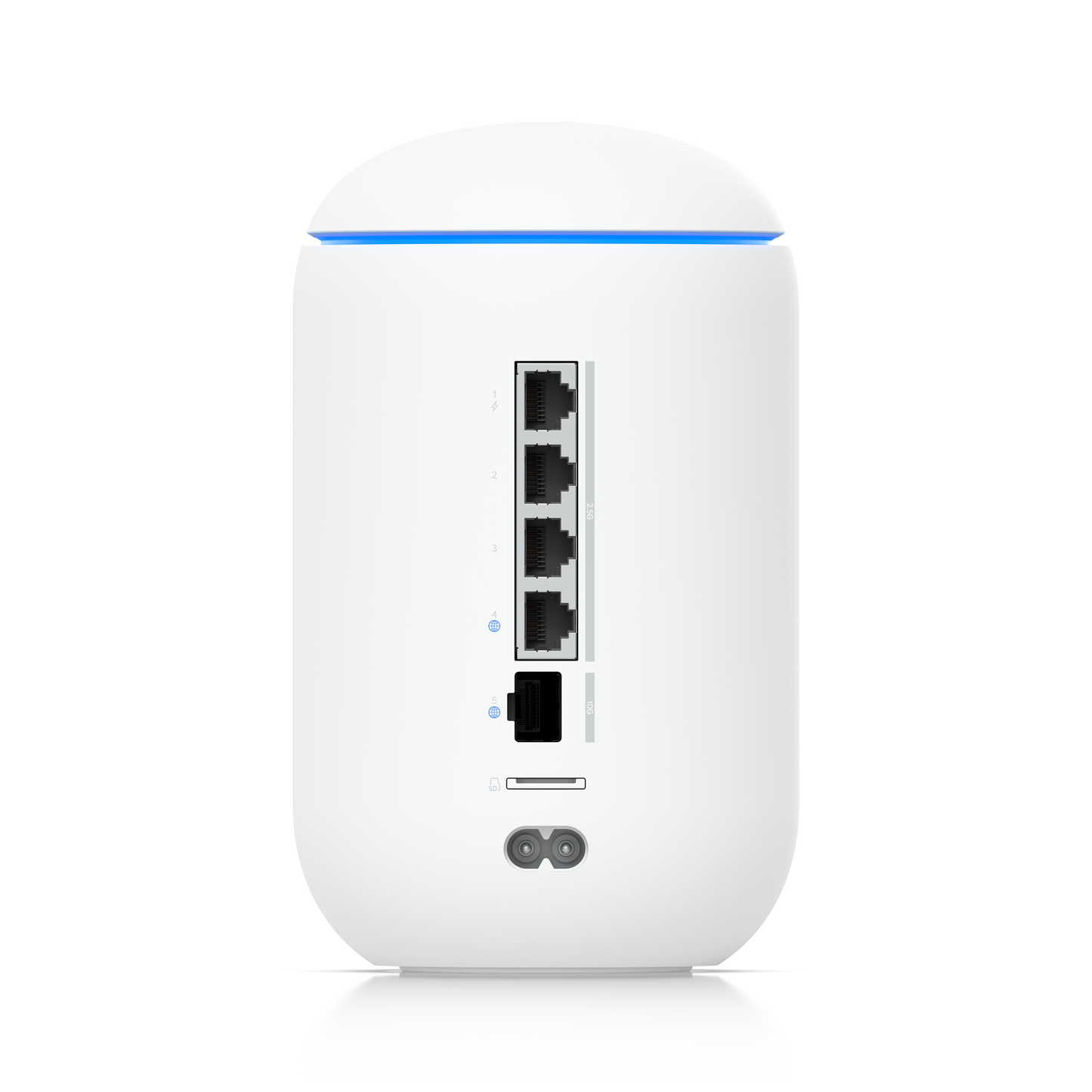 Ubiquiti UniFi Dream Router 7 (UDR7) is a cylindrical white and blue wireless internet router.