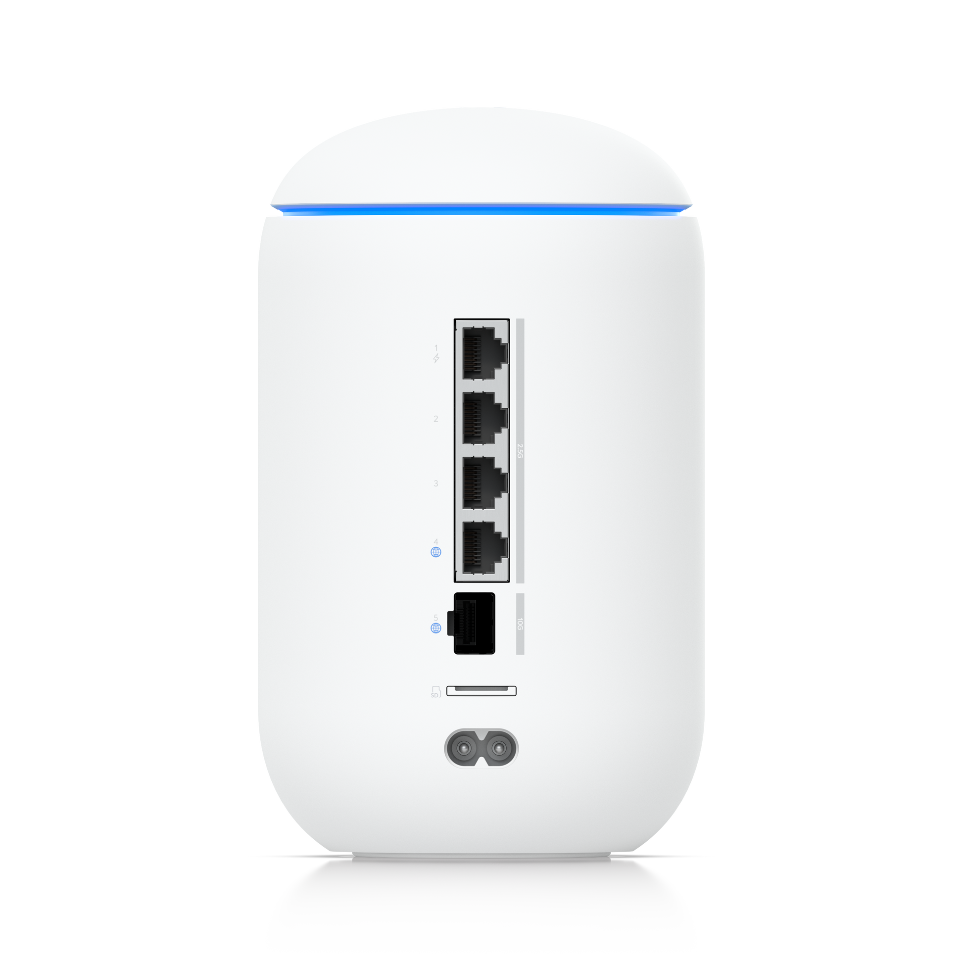 Ubiquiti UniFi Dream Router 7 (UDR7) is a cylindrical white and blue wireless internet router.