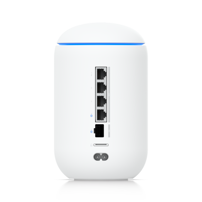 Ubiquiti UniFi Dream Router 7 (UDR7) is a cylindrical white and blue wireless internet router.