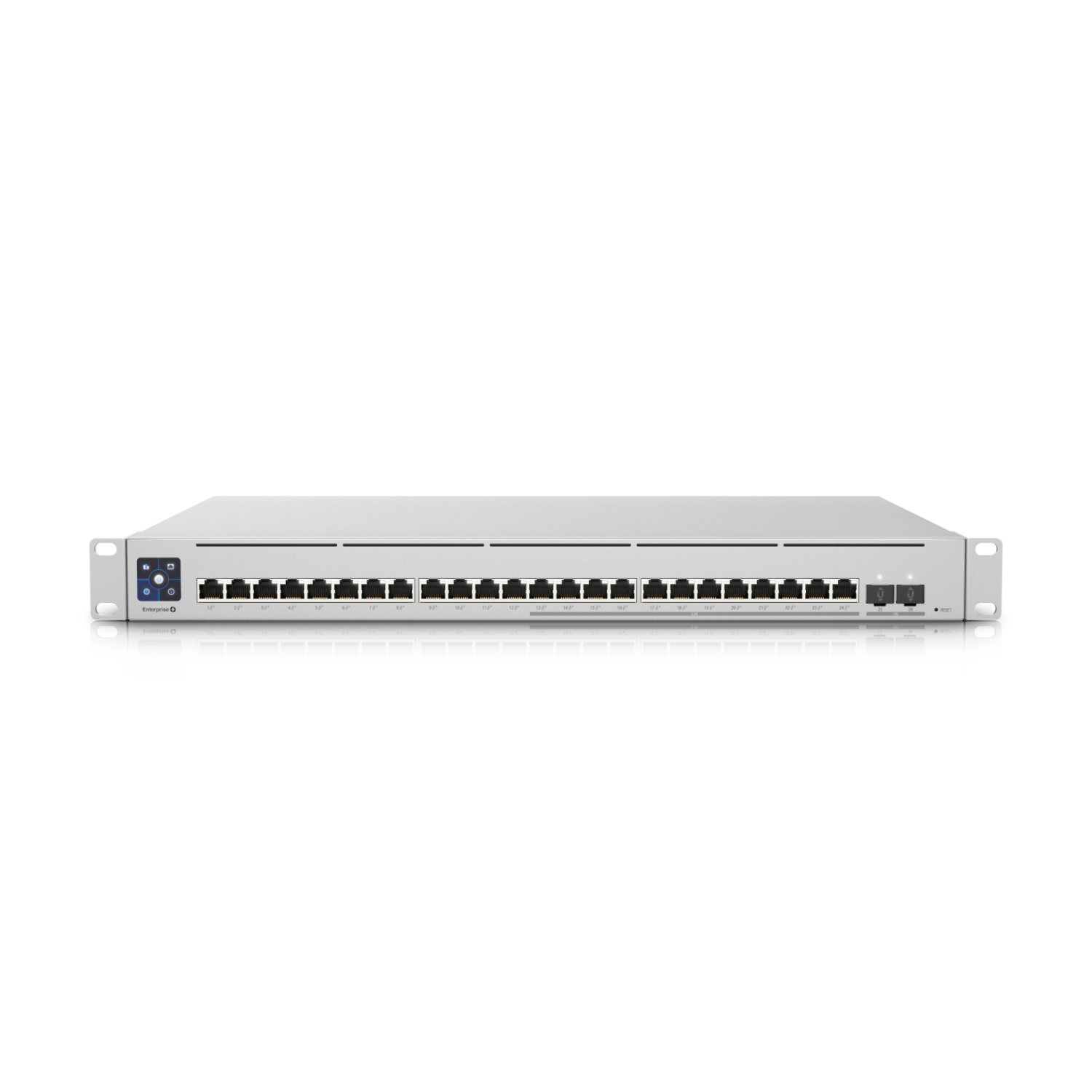 Front view showing 24 RJ45 ports and 4 SFP+ ports on the Ubiquiti USW Enterprise 24 PoE switch