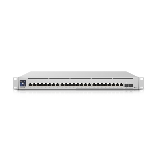 Front view showing 24 RJ45 ports and 4 SFP+ ports on the Ubiquiti USW Enterprise 24 PoE switch