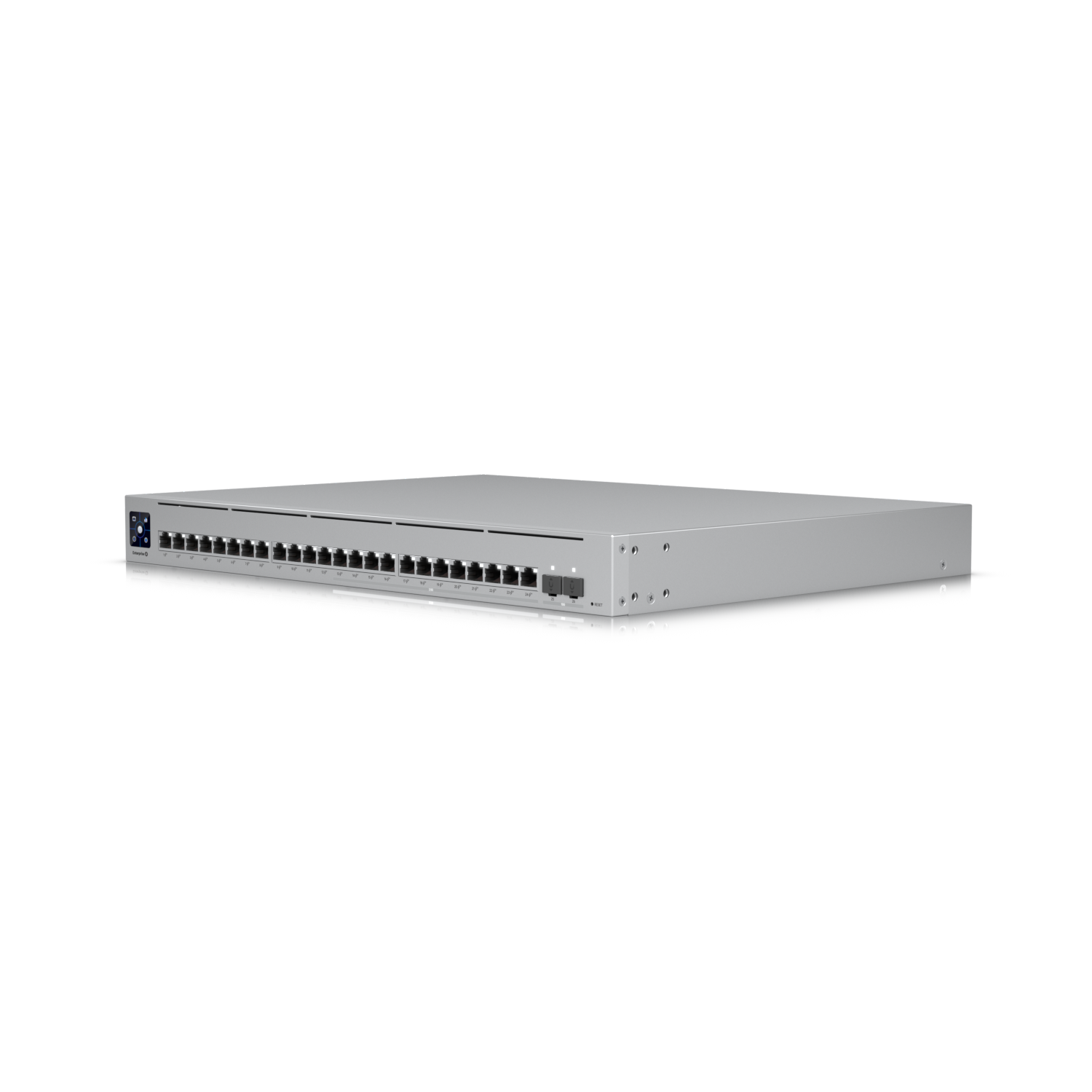 Angled side view of the Ubiquiti USW Enterprise 24 PoE switch highlighting the port layout