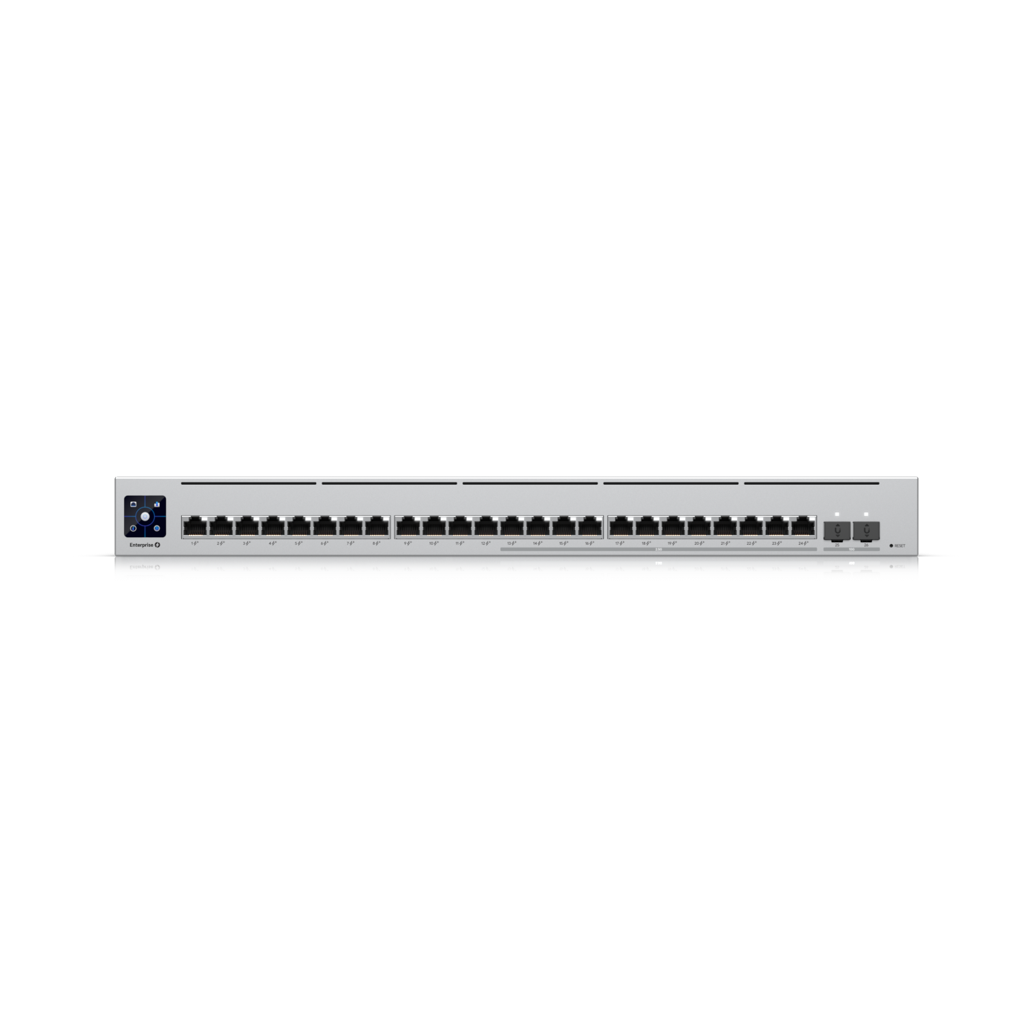 Close-up front view of the top row of 24 Gigabit RJ45 PoE+ ports