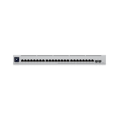 Close-up front view of the top row of 24 Gigabit RJ45 PoE+ ports