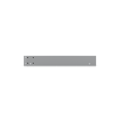 Left side view of the switch showing rack-mount brackets and housing design