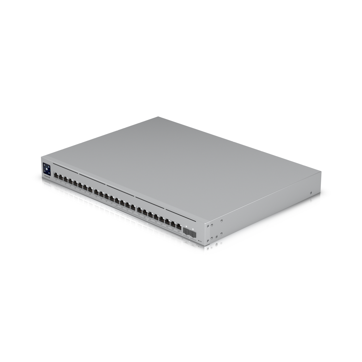 Angled top-down view of the switch showing full front panel and side profile