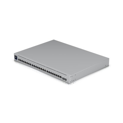 Angled top-down view of the switch showing full front panel and side profile