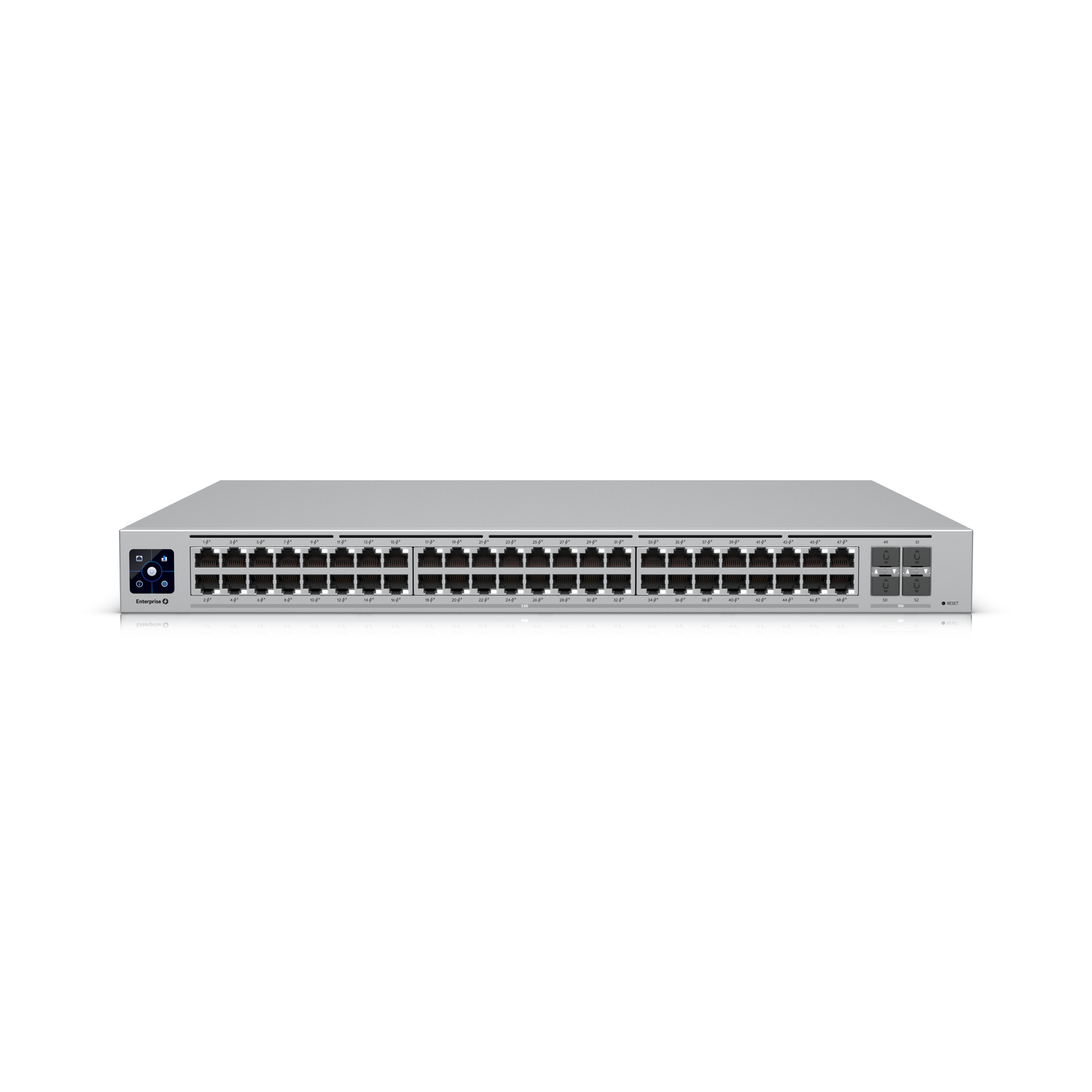 Front view of Ubiquiti Enterprise 48-Port 2.5 GbE PoE+ Layer 3 Switch with SFP+ uplinks
