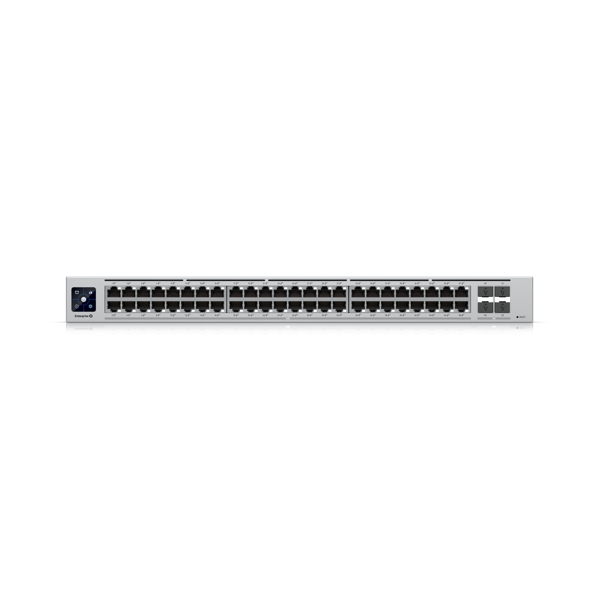 Rackmount front panel of Ubiquiti Enterprise 48-Port PoE+ Layer 3 Switch showing all ports