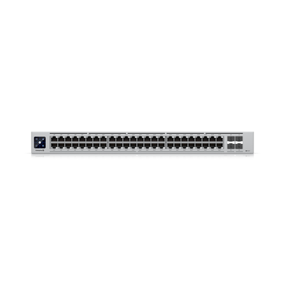 Rackmount front panel of Ubiquiti Enterprise 48-Port PoE+ Layer 3 Switch showing all ports