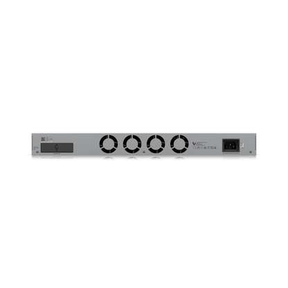 Rear view of Ubiquiti Enterprise 48-Port PoE+ Layer 3 Switch with fans and power input