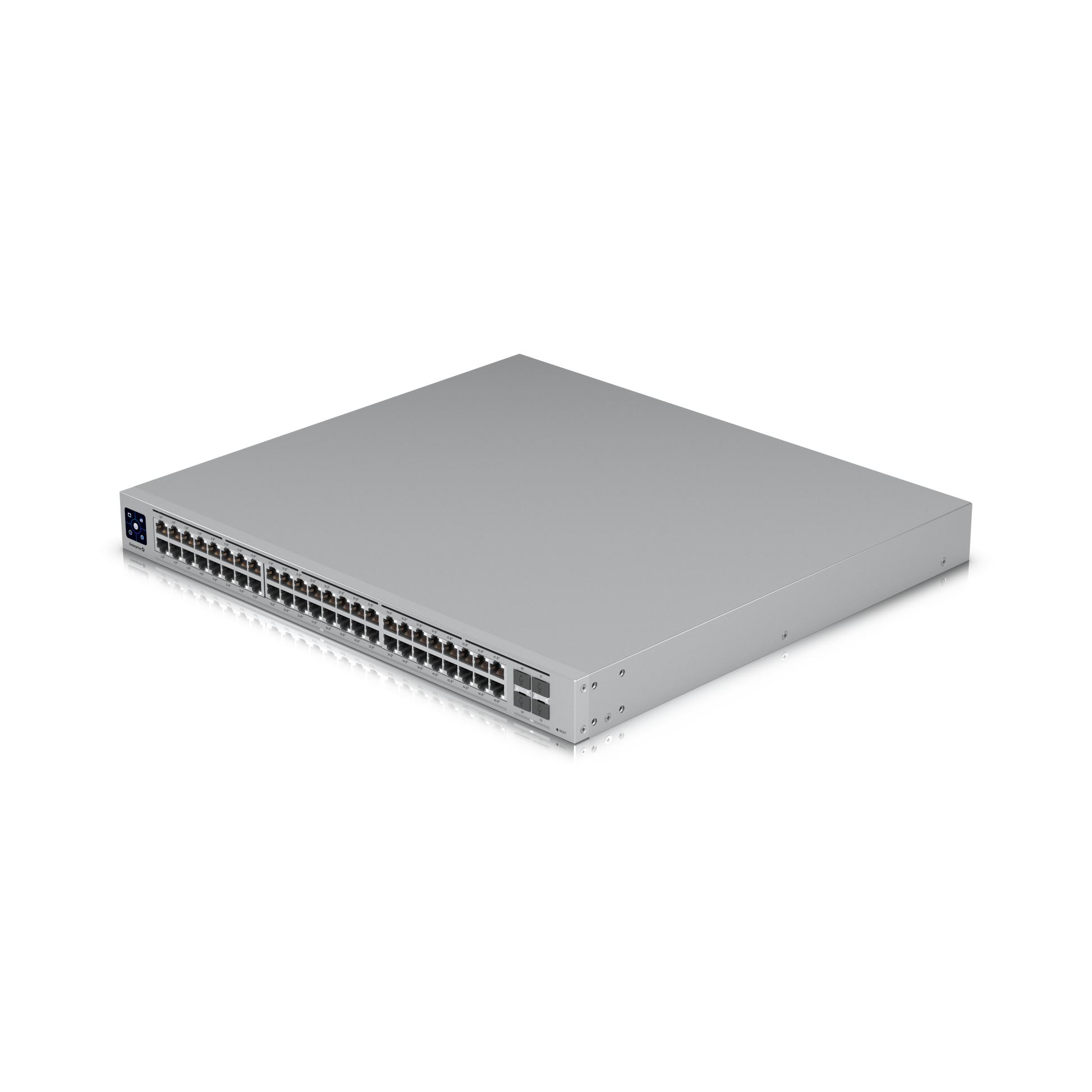 Angled front view of Ubiquiti Enterprise 48-Port 2.5 GbE PoE+ Layer 3 Switch
