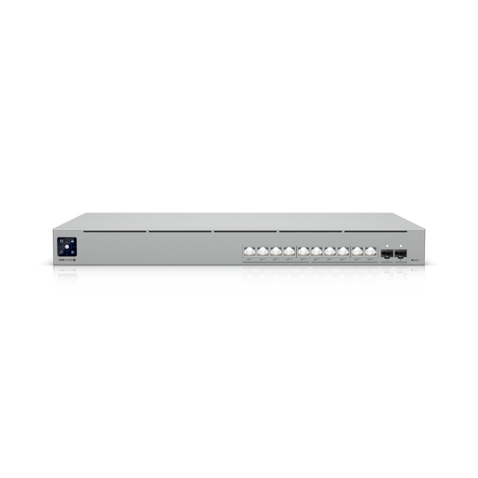 Front view of Ubiquiti USW-Pro-XG-10-PoE switch showing all 10 PoE++ RJ45 ports and 2 SFP+ ports
