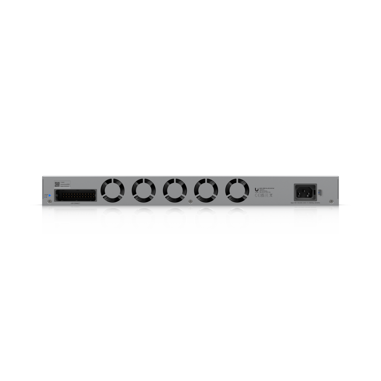 Rear view of Ubiquiti Pro XG 48 PoE switch showing power input, cooling fans, and RPS DC backup port