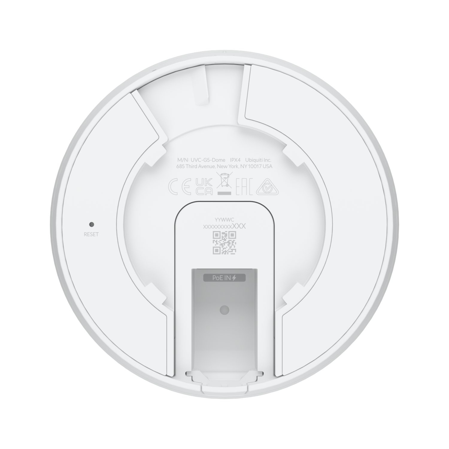 Ubiquiti G5 Dome UVC-G5-Dome – underside with PoE port and reset button