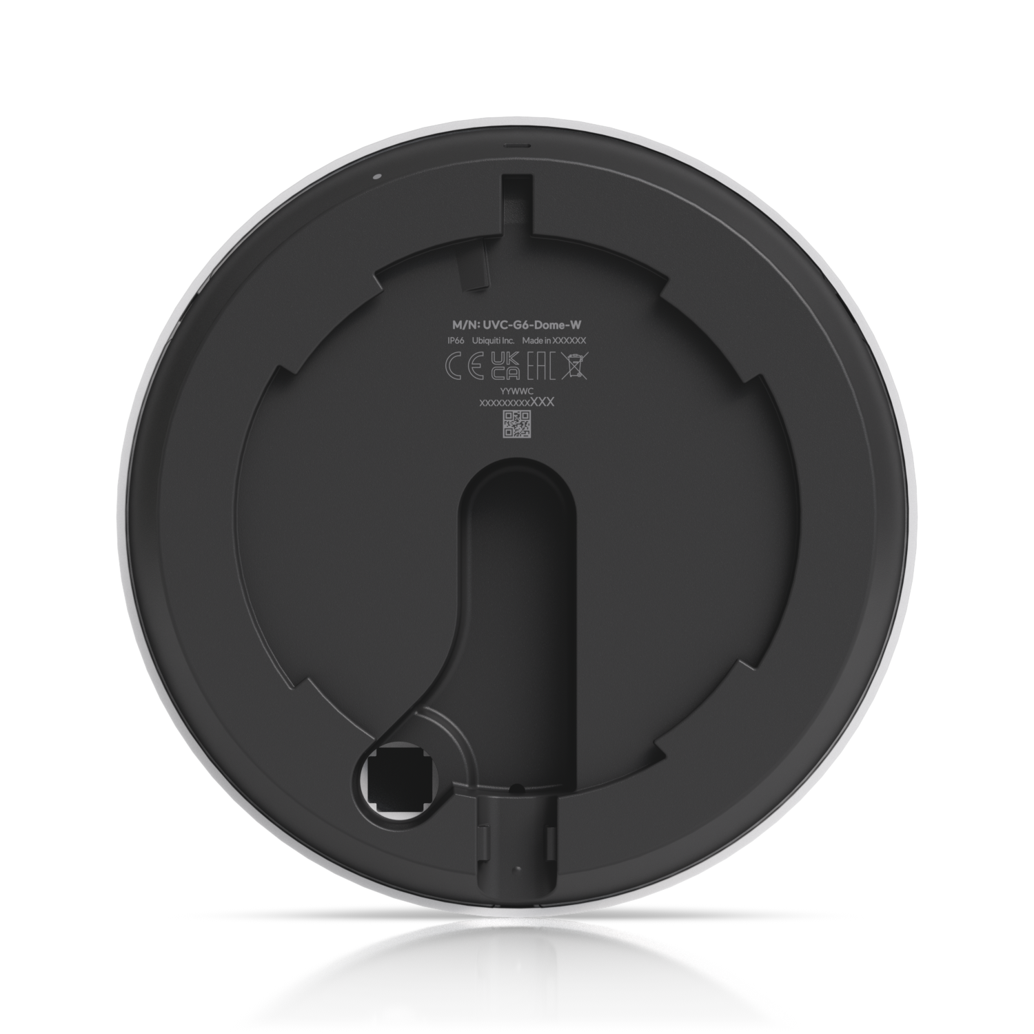 UVC-G6-Dome-W underside view with model information, certification marks, and cable entry port