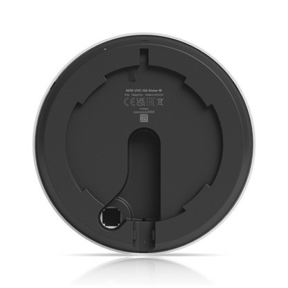 UVC-G6-Dome-W underside view with model information, certification marks, and cable entry port