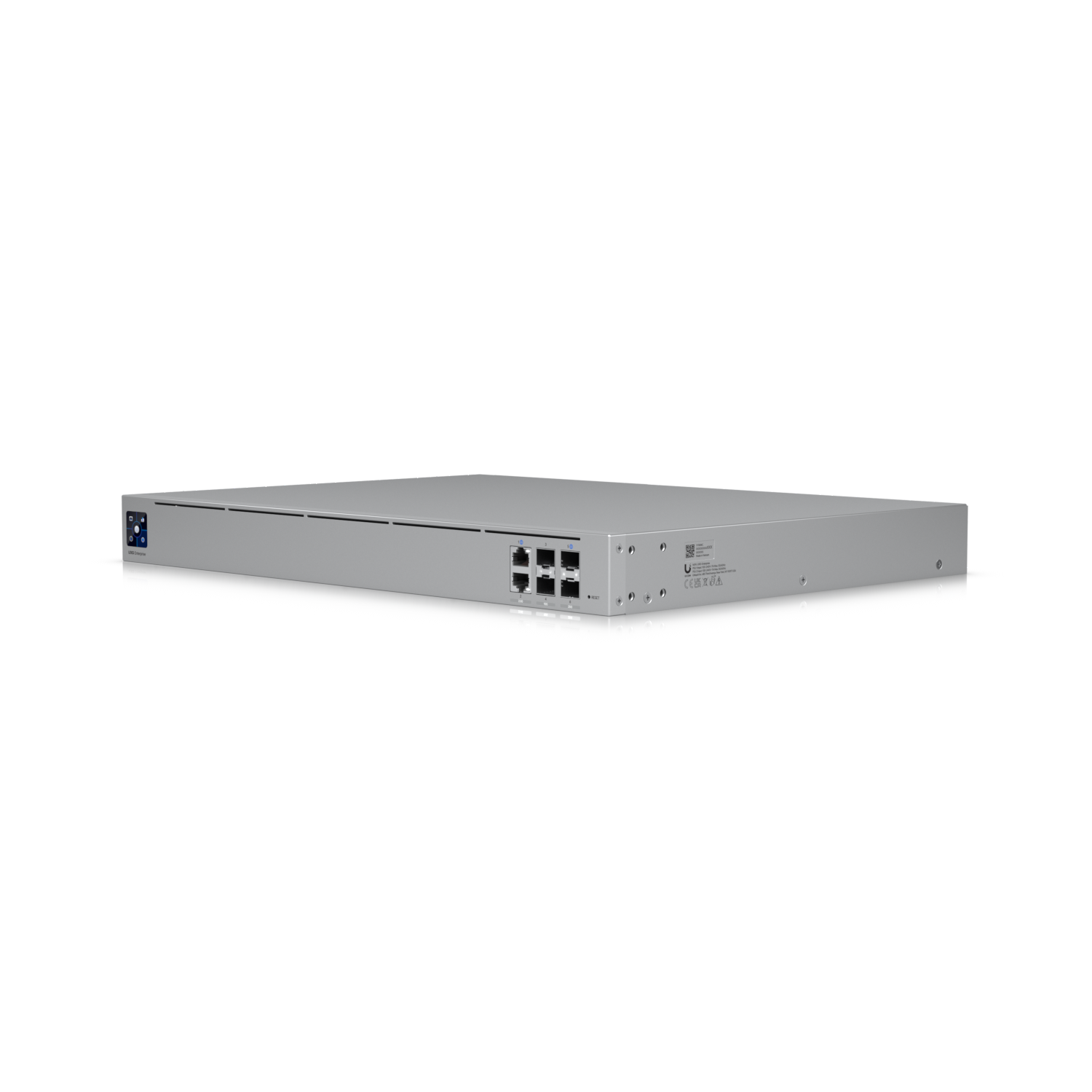 Angled side view of the Ubiquiti UXG-Enterprise Gateway showing Ethernet and SFP+ ports