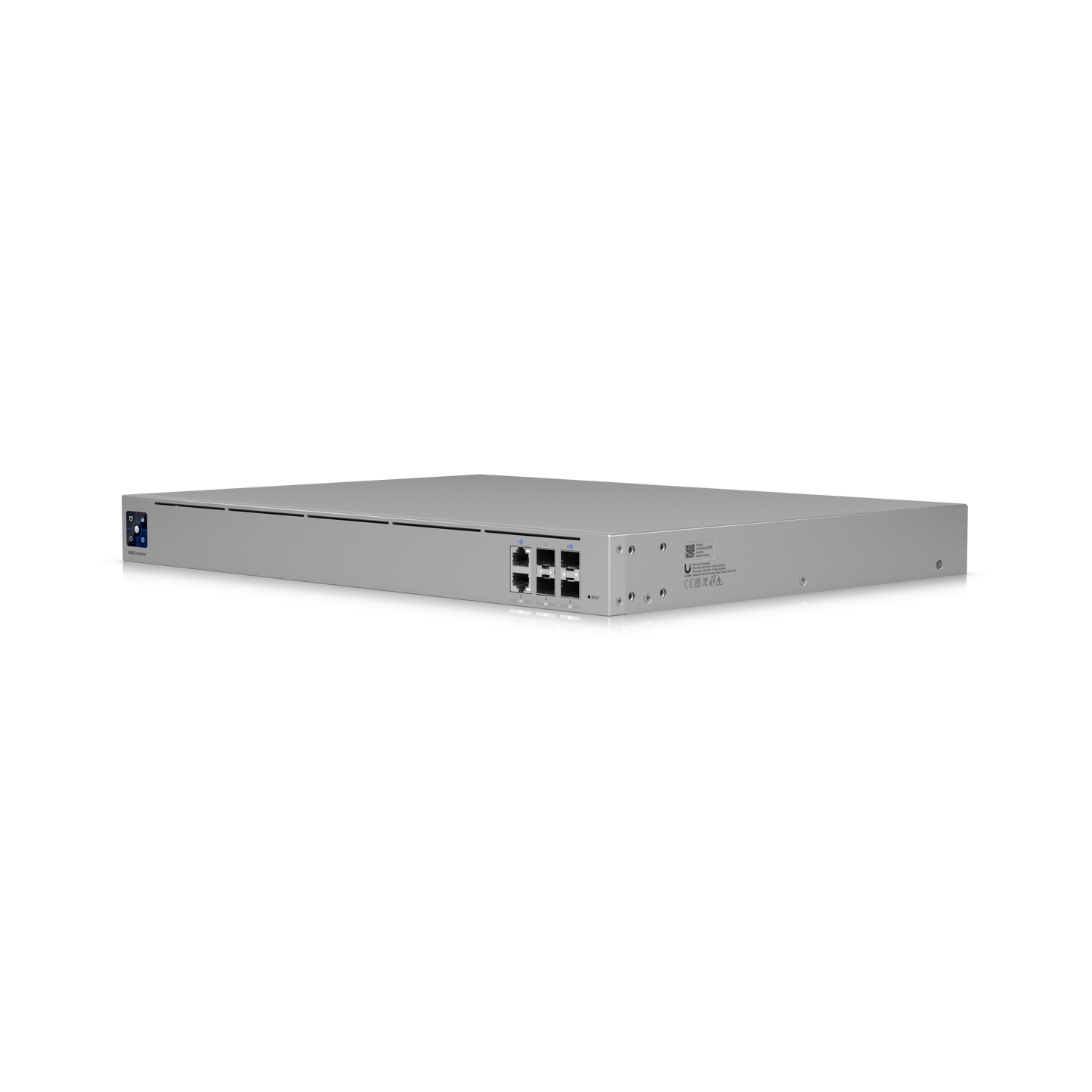 Angled front view of the Ubiquiti UXG-Enterprise gateway showing ports and sleek rackmount design