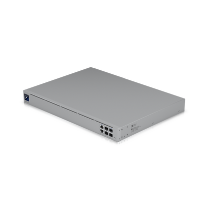 Angled top view of the Ubiquiti UXG-Enterprise gateway highlighting port layout and aluminum enclosure